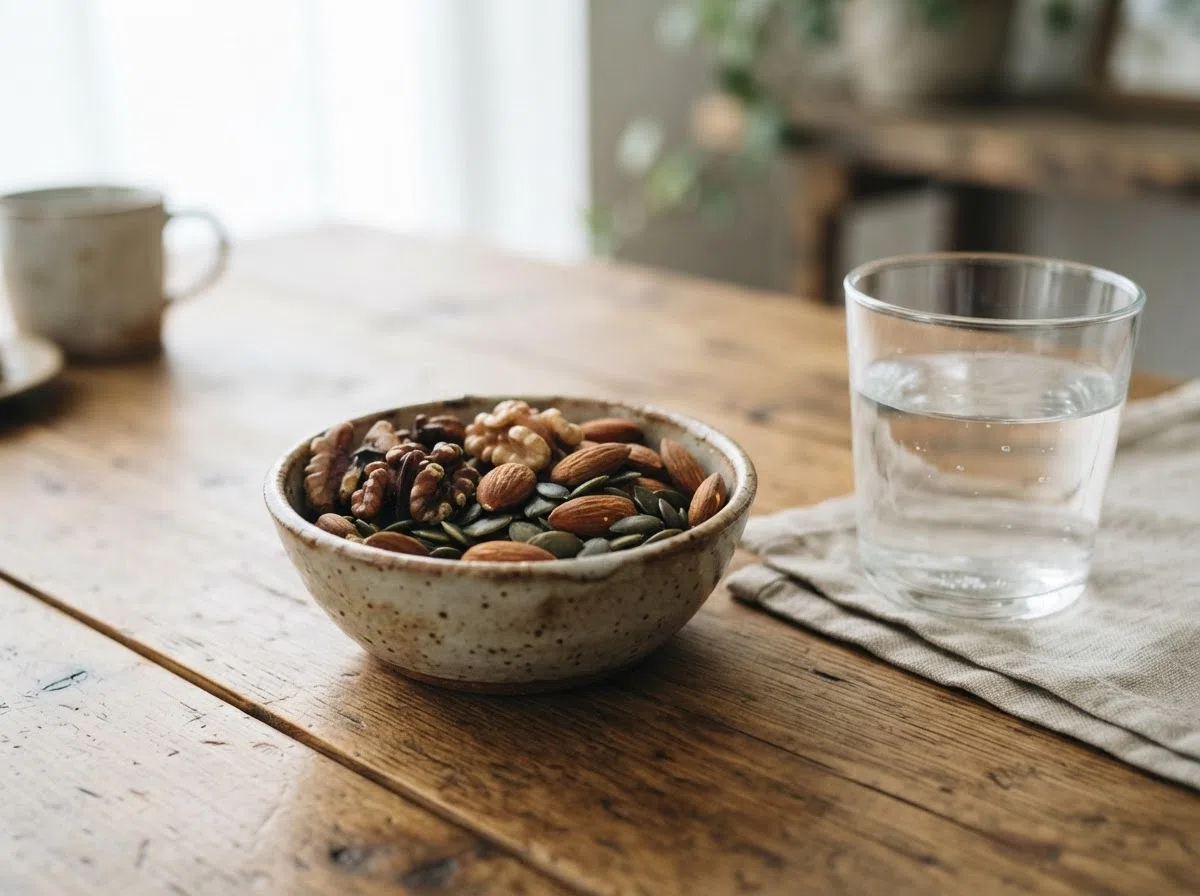 Citrus fruits, berries and vitamin D-rich mushrooms arranged on a kitchen counter