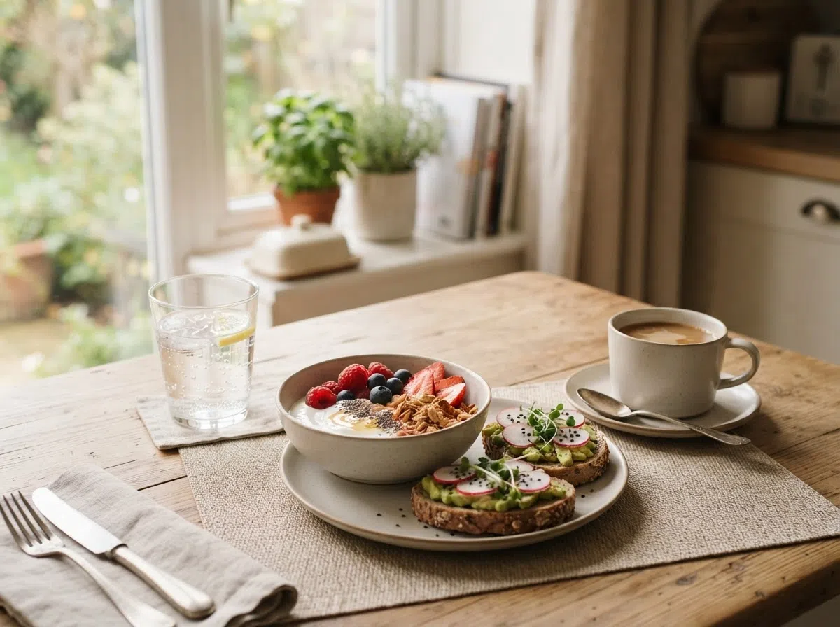 Morning setup with Zorana capsule, glass of water and breakfast on a light table